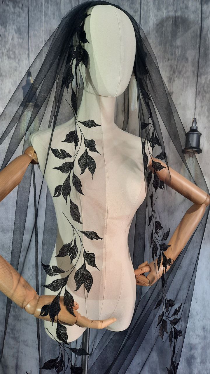 One Tier Black Veil with Beautifully Embroidered Leaf Design