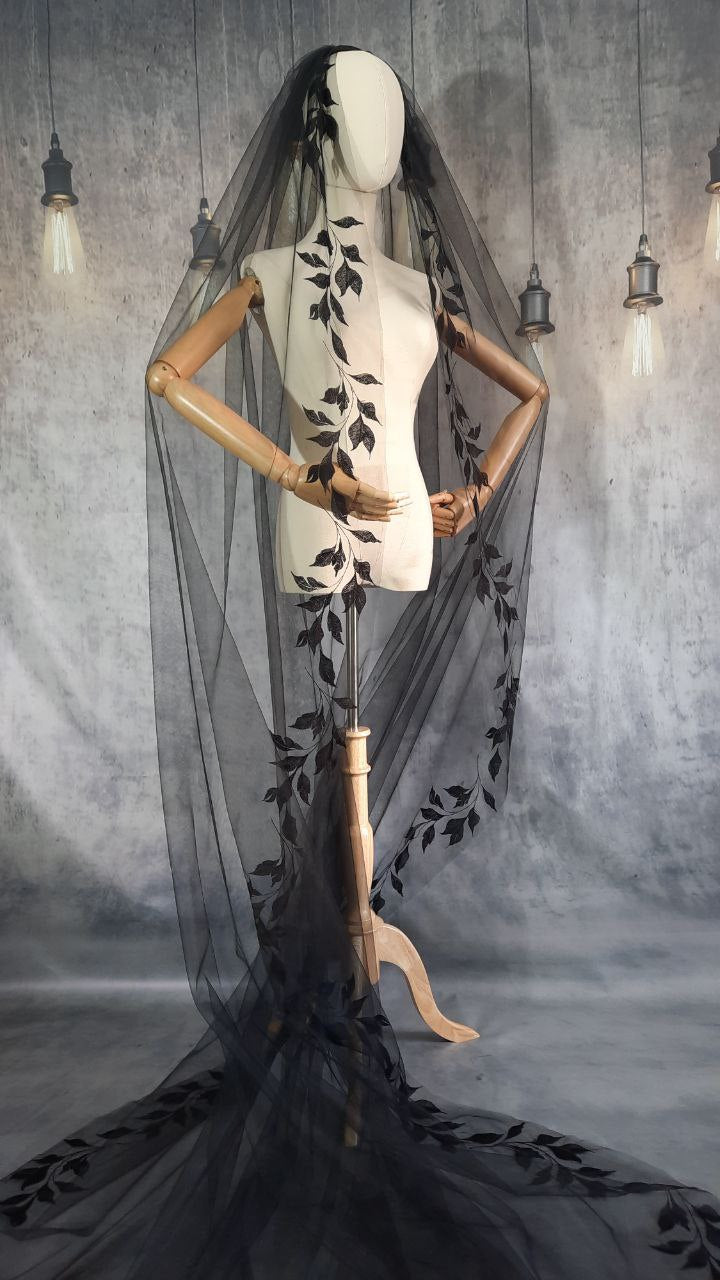 One Tier Black Veil with Beautifully Embroidered Leaf Design