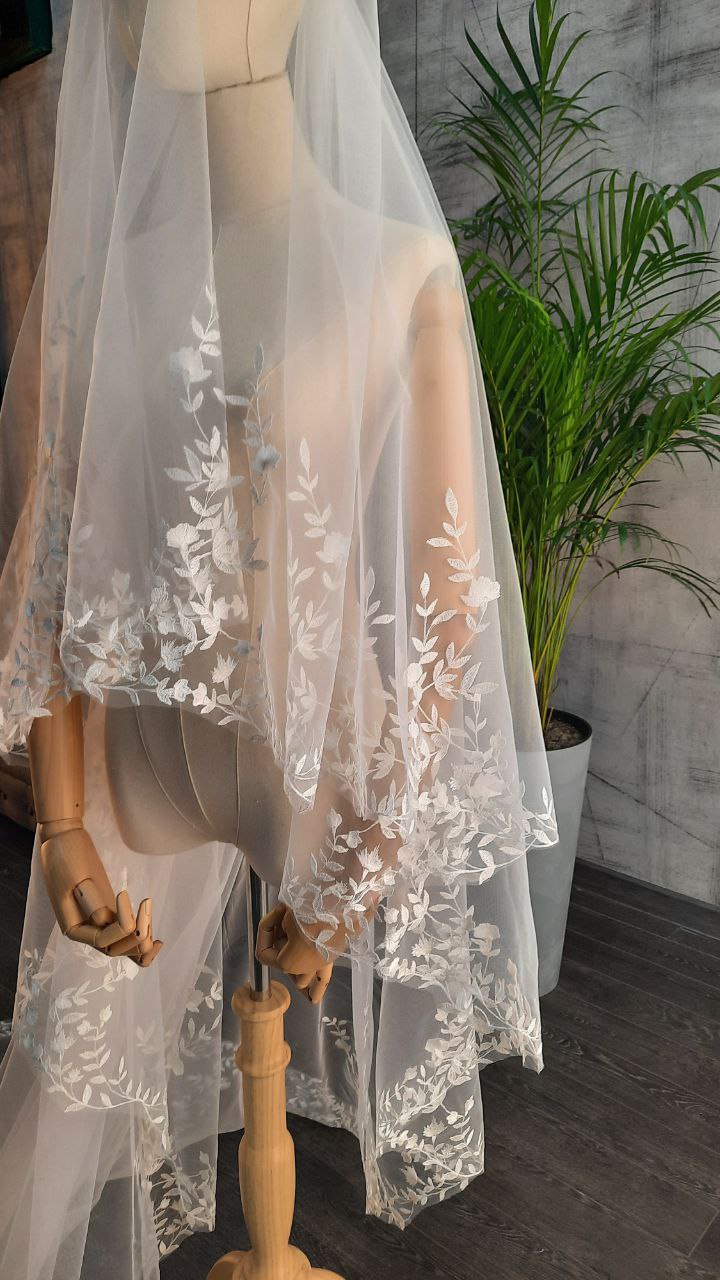 Embroidery floral veil, long flowered veil, cathedral veil, bridal veil, flower lace veil, bohemian wedding veil, beaded floral lace veil