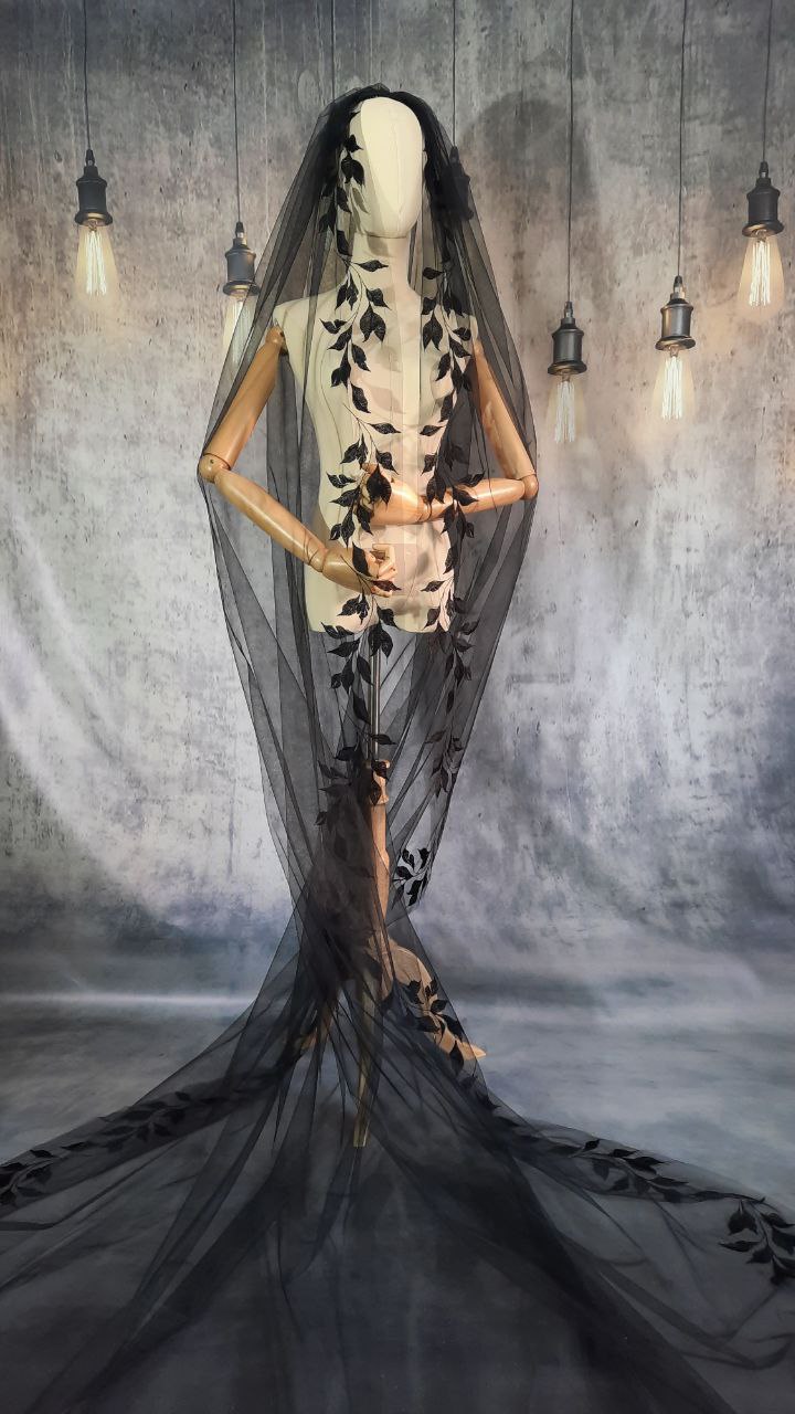 One Tier Black Veil with Beautifully Embroidered Leaf Design