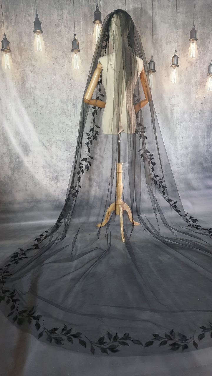 One Tier Black Veil with Beautifully Embroidered Leaf Design