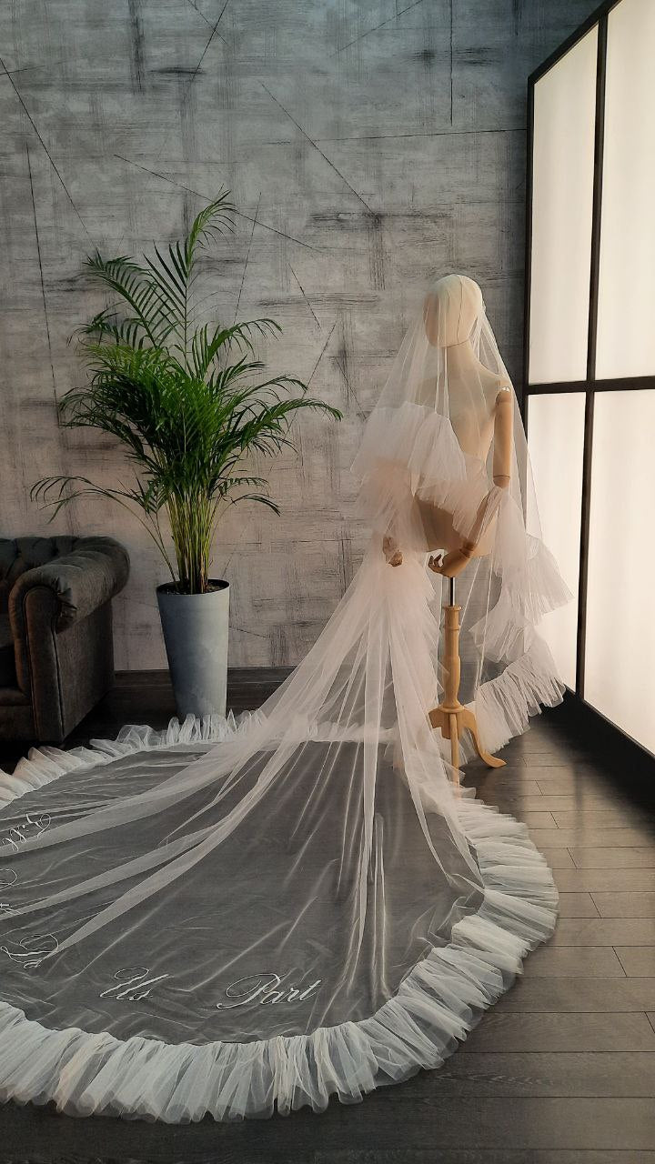 Romantic bridal veil, veil two-tiered Wedding Veil with Ruffles and Personalized Text