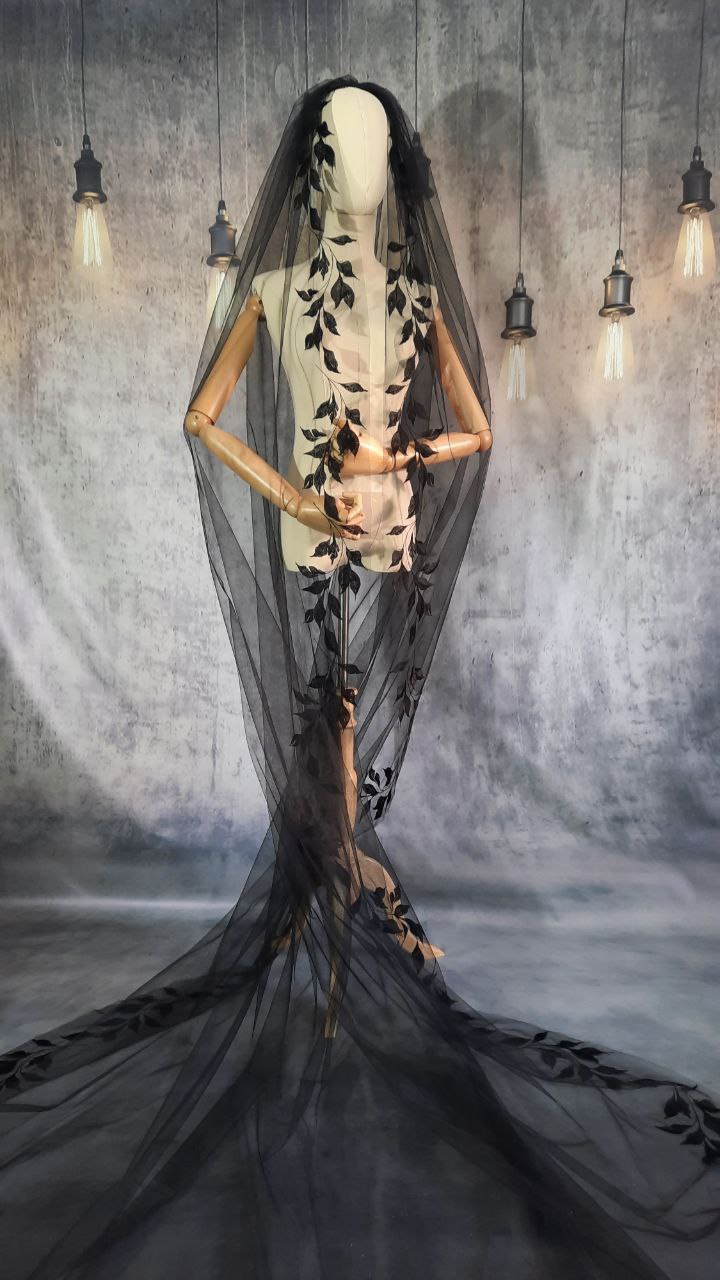 One Tier Black Veil with Beautifully Embroidered Leaf Design