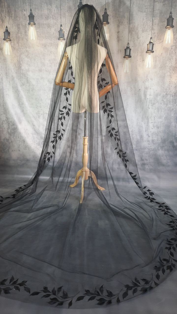 One Tier Black Veil with Beautifully Embroidered Leaf Design