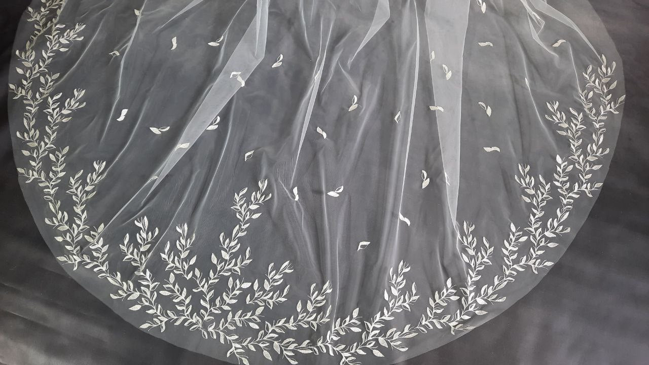 Wedding veil, lace embroidery veil white veil, ivory veil, cathedral veil, floral veil, tulle veil embroidery