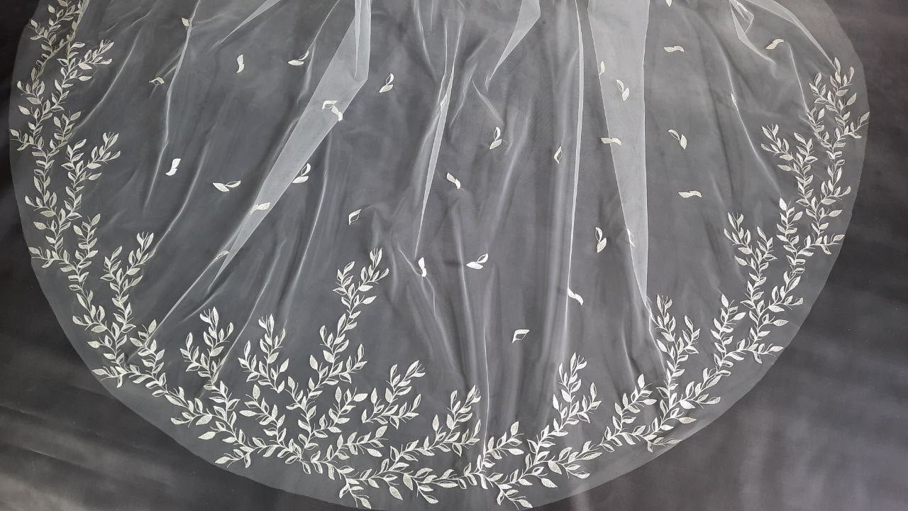Wedding veil, lace embroidery veil white veil, ivory veil, cathedral veil, floral veil, tulle veil embroidery