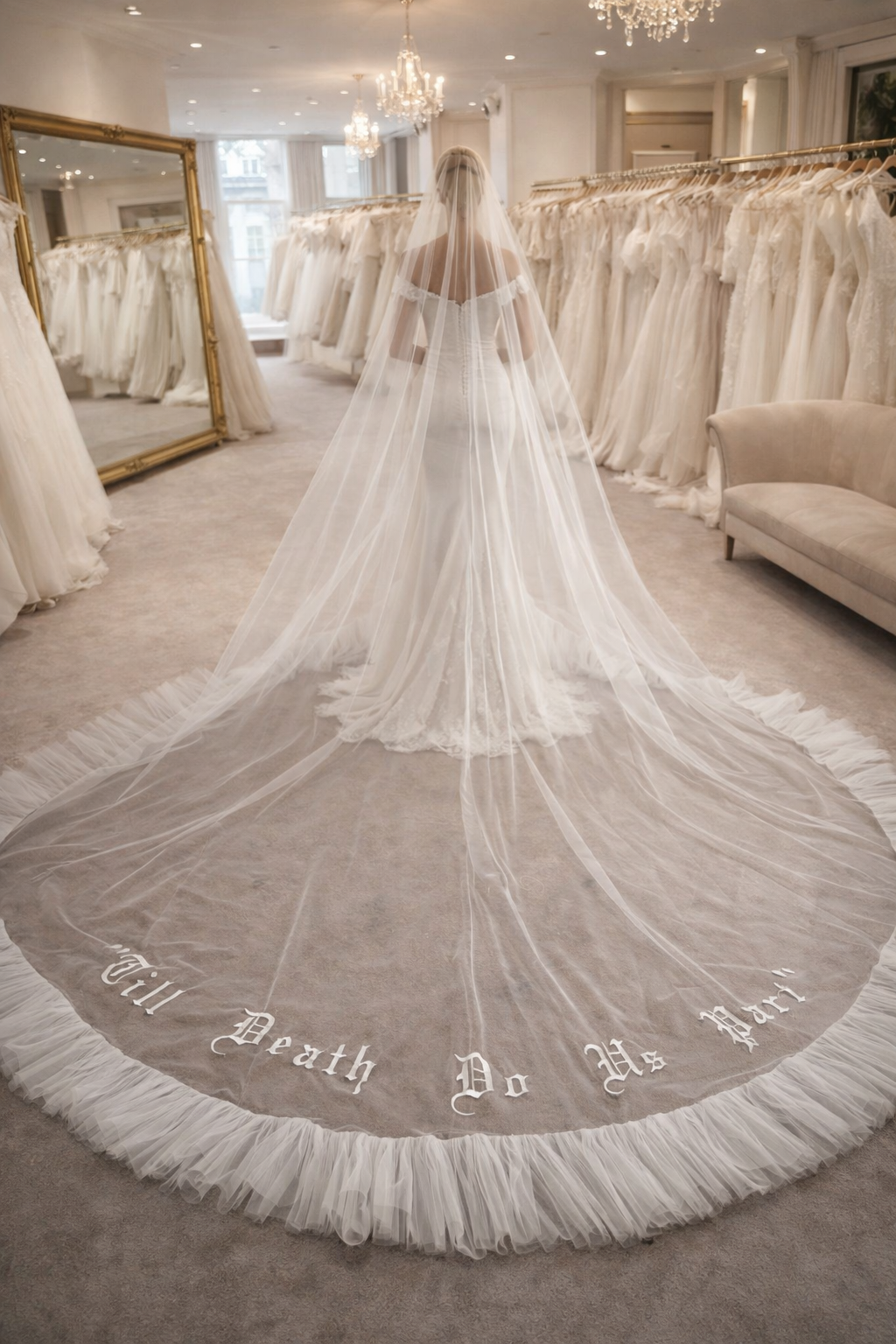 Two-Tier Ruffle Wedding Veil with Personalized Gothic Text