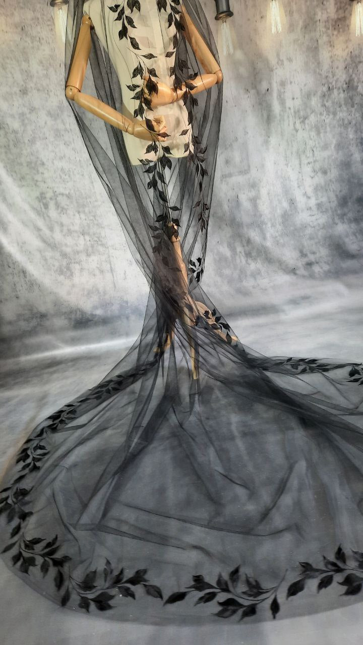 One Tier Black Veil with Beautifully Embroidered Leaf Design