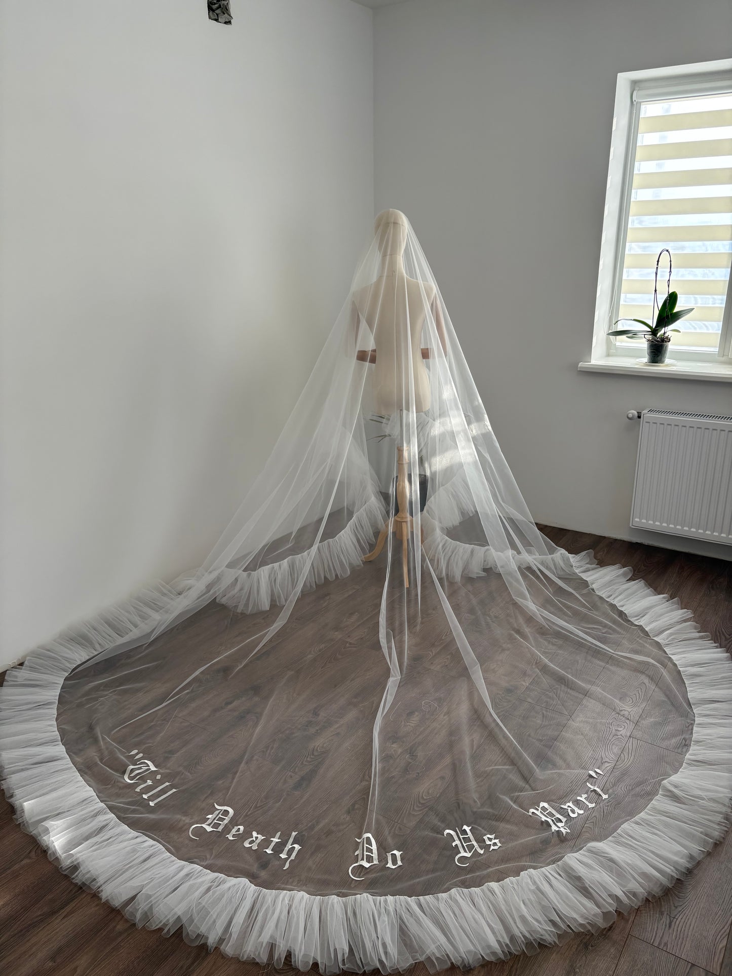 Two-Tier Ruffle Wedding Veil with Personalized Gothic Text