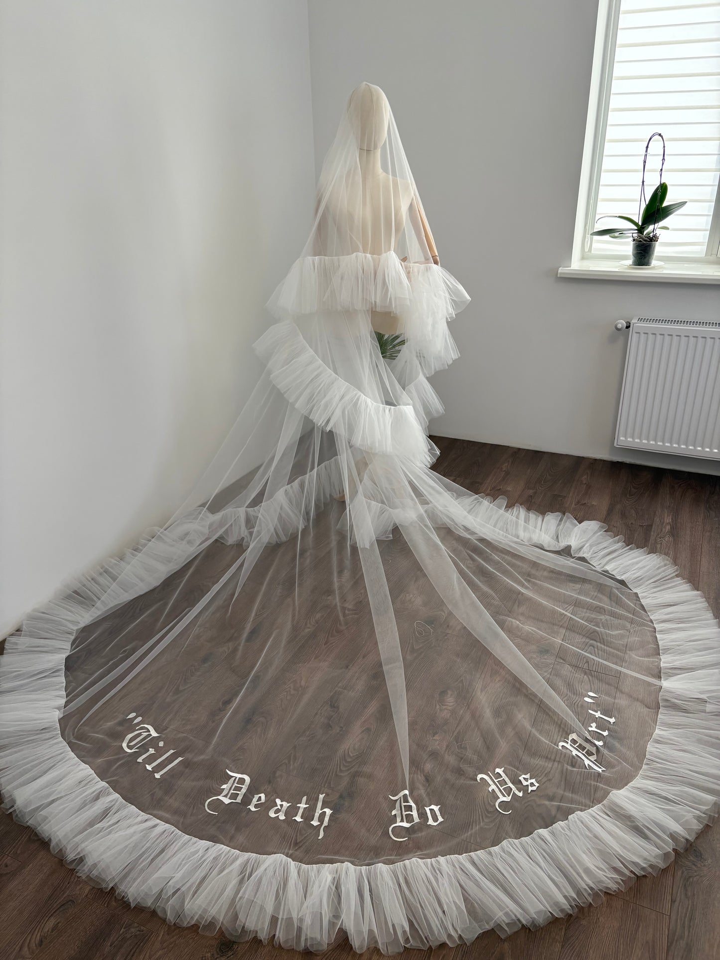 Two-Tier Ruffle Wedding Veil with Personalized Gothic Text