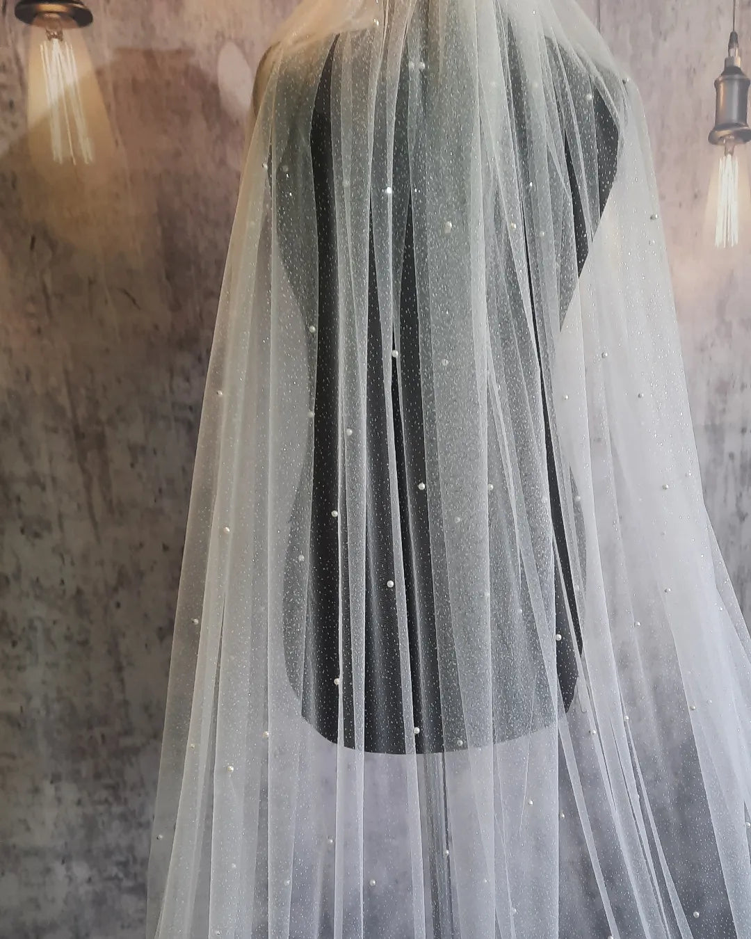 One Blushing Bride Pearl Cathedral Length Wedding Veil with Scattered Beading Nude / 1 Layer Veil
